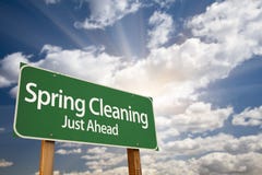 Spring Cleaning Just Ahead Green Road Sign and Clo