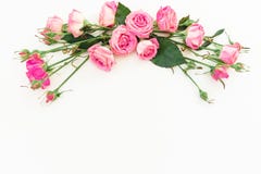 Spring Composition With Pink Roses On White Background. Top View. Flat Lay. Floral Frame Of Flowers, Copy Space Stock Image Spring Composition With Pink Roses On White Background. Top View. Flat Lay. Floral Frame Of Flowers, Copy Space Stock Image