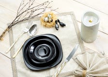Spring Easter Table setting on a wooden table. Top view royalty free stock images Spring Easter Table setting on a wooden table. Top view royalty free stock images