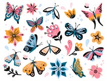 Spring flowers and butterflies. Colorful garden flower, floral decor and elegant butterfy isolated vector set