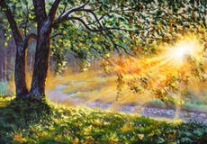 Spring nature scene impressionism art. Beautiful landscape painting