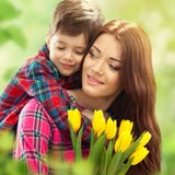 Spring portrait of mother and son on Mother's Day