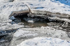 Spring thawed patch in the ice of the river. Frozen ice and snow by the river side. Natural background. stock images Spring thawed patch in the ice of the river. Frozen ice and snow by the river side. Natural background. stock images
