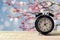 Spring time change concept with alarm clock on wooden table over nature tree blossom Stock Photo Spring time change concept with alarm clock on wooden table over nature tree blossom Stock Photo