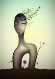 Spring unknown soul, surrealistic woman statue, woman shape abstract idea with red rose growing, woman happy dream icon stock illustration Spring unknown soul, surrealistic woman statue, woman shape abstract idea with red rose growing, woman happy dream icon stock illustration