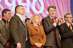 SPS PUPS JS Convention. Zrenjanin, Serbia - April 26 2012 - Convention of coalition SPS PUPS JS - Politicians in front of visitors royalty free stock photo