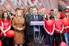 SPS PUPS JS Convention. Zrenjanin, Serbia - April 26 2012 - Convention of coalition SPS PUPS JS - Ivica Dacic speaking stock photo