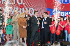 SPS PUPS JS Convention. Zrenjanin, Serbia - April 26 2012 - Convention of coalition SPS PUPS JS - End with fireworks royalty free stock photo