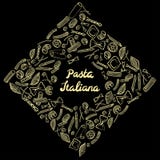 Square frame with italian macaroni of different kinds. light yellow coloured hand draw on black background stock illustration Square frame with italian macaroni of different kinds. light yellow coloured hand draw on black background stock illustration