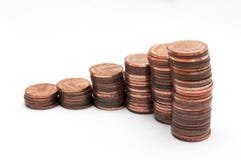 Stack of coins, one penny coins isolated on white stock photo Stack of coins, one penny coins isolated on white stock photo
