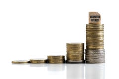 Stacked coins symbolizing compound interest effect with the word `compound interest` in German royalty free stock photo Stacked coins symbolizing compound interest effect with the word `compound interest` in German royalty free stock photo
