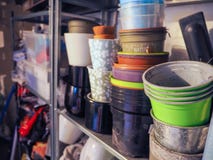 Stacks of plastic pots and vases for flowers and plants standing royalty free stock image Stacks of plastic pots and vases for flowers and plants standing royalty free stock image