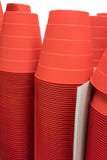 Stacks of red plastic buckets in white corrugated boxes stock photos Stacks of red plastic buckets in white corrugated boxes stock photos