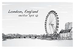 Stadt scape, das London-Auge und Brücke, Fluss, Illustration zeichnet vektor abbildung Stadt scape, das London-Auge und Brücke, Fluss, Illustration zeichnet vektor abbildung