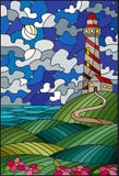 Stained glass illustration lighthouse on the backdrop of flowering fields against starry cloudy sky and moon royalty free illustration Stained glass illustration lighthouse on the backdrop of flowering fields against starry cloudy sky and moon royalty free illustration
