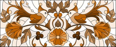 Stained glass illustration with a pair of abstract birds , flowers and patterns ,brown tone , horizontal image Stock Image Stained glass illustration with a pair of abstract birds , flowers and patterns ,brown tone , horizontal image Stock Image