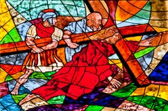 Stained glass showing Jesus falls under the Cross royalty free stock photos Stained glass showing Jesus falls under the Cross royalty free stock photos