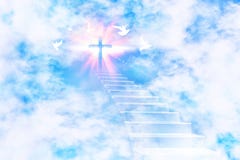 Stairs leading to the sky with cross and flying doves
