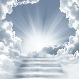 Stairway to Heaven.Stairs in sky.  Concept with sun and white clouds. Religion  background