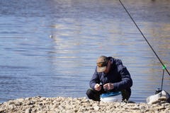 Stand with diverse fishing rods in the sports shop indoor - Berezniki on 17 may 2018 royalty free stock photography Stand with diverse fishing rods in the sports shop indoor - Berezniki on 17 may 2018 royalty free stock photography