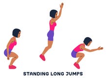 Standing long jumps. Sport exersice. Silhouettes of woman doing exercise. Workout, training