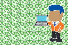 Standing professional businessman holding open laptop right hand side wearing suit necktie. Manager showing personal stock illustration Standing professional businessman holding open laptop right hand side wearing suit necktie. Manager showing personal stock illustration