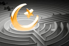 Star and crescent at the center of a maze, way to Islam religion Royalty Free Stock Images Star and crescent at the center of a maze, way to Islam religion Royalty Free Stock Images