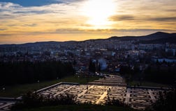 Stara Zagora, Bulgaria, The Samaritan flag, Sunset over the city royalty free stock images Stara Zagora, Bulgaria, The Samaritan flag, Sunset over the city royalty free stock images