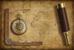 Stara średniowieczna światowa mapa z kompasem i spyglass Przygody i podróży pojęcie ilustracja 3 d zdjęcia stock Stara średniowieczna światowa mapa z kompasem i spyglass Przygody i podróży pojęcie ilustracja 3 d zdjęcia stock