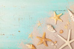 Starfishes and seashells on sand for summer holidays and travel background royalty free stock image Starfishes and seashells on sand for summer holidays and travel background royalty free stock image