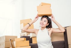 Freelance woman holding boxes working at home concept stock photography Freelance woman holding boxes working at home concept stock photography