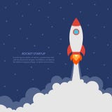 Startup concept with rocket launch. Business banner with spaceship. Development and advanced project. Vector.