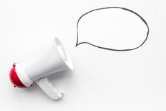 Statement concept. Megaphone near blank cloud for text on white background top view copy space mockup Stock Images Statement concept. Megaphone near blank cloud for text on white background top view copy space mockup Stock Images
