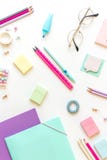 Stationery, Girl Set In Pastel Shades. On White Background, Flatlay, Isolated, Mock Up. Top View. Copy Space Stock Photos Stationery, Girl Set In Pastel Shades. On White Background, Flatlay, Isolated, Mock Up. Top View. Copy Space Stock Photos