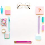 Stationery, Girl Set In Pastel Shades. On White Background, Flatlay, Isolated, Mock Up. Top View. Copy Space Stock Image Stationery, Girl Set In Pastel Shades. On White Background, Flatlay, Isolated, Mock Up. Top View. Copy Space Stock Image