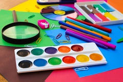 Stationery objects. School and office supplies on the background of colored paper. royalty free stock images Stationery objects. School and office supplies on the background of colored paper. royalty free stock images