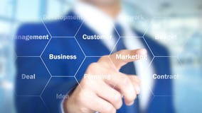 Stats, человек работая на голографическом интерфейсе, визуальном экране Stats, человек работая на голографическом интерфейсе, визуальном экране