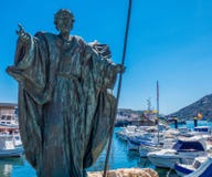 Statue of Apostol Santiago , sculptor Juan José Quirós, en Cartagena port, Spain, Mursia royalty free stock photo Statue of Apostol Santiago , sculptor Juan José Quirós, en Cartagena port, Spain, Mursia royalty free stock photo