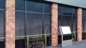 Steel Information Displays. Banner Stands in your design. 3D rendering. Modern Large windows and brick columns royalty free stock photography Steel Information Displays. Banner Stands in your design. 3D rendering. Modern Large windows and brick columns royalty free stock photography