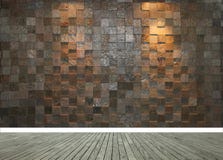 Steenmuur met twee schijnwerpers en grijze houten vloer stock fotografie Steenmuur met twee schijnwerpers en grijze houten vloer stock fotografie