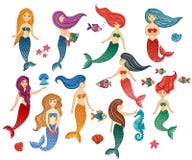 Stellen Sie Handvon den gezogenen netten kleinen Meerjungfraumädchen, Starfish, Seahorse, Qualle, Fische, Oberteile ein stock abbildung Stellen Sie Handvon den gezogenen netten kleinen Meerjungfraumädchen, Starfish, Seahorse, Qualle, Fische, Oberteile ein stock abbildung