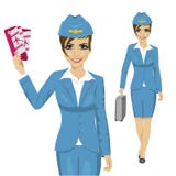 Stewardess одел в голубой форме держа билеты и идя с портфелем иллюстрация вектора Stewardess одел в голубой форме держа билеты и идя с портфелем иллюстрация вектора