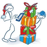 Stick figure as Nickolas orders packages online with the tablet royalty free illustration Stick figure as Nickolas orders packages online with the tablet royalty free illustration