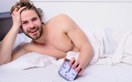 Stick schedule same bedtime wake up time. Enough sleep for him. Regulate your bodys clock. Man unshaven bearded wakeful royalty free stock photography Stick schedule same bedtime wake up time. Enough sleep for him. Regulate your bodys clock. Man unshaven bearded wakeful royalty free stock photography