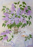 Still life with beautiful blooming pink, violet, purple and white lilac in glass vase on the table. Original oil royalty free stock photos Still life with beautiful blooming pink, violet, purple and white lilac in glass vase on the table. Original oil royalty free stock photos