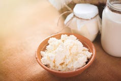 Still life of milk, cottage cheese and yogurt on the table. Farm cow dairy products. stock photos Still life of milk, cottage cheese and yogurt on the table. Farm cow dairy products. stock photos
