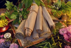 Still life with old scrolls, candles and healing herbs royalty free stock photography Still life with old scrolls, candles and healing herbs royalty free stock photography