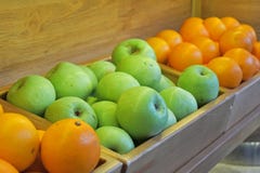 Still life of oranges and apples in a tray stock images Still life of oranges and apples in a tray stock images