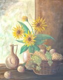 Still Life Painting With Sunflowers And Fruits On Stock Images