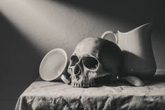 Stilllebenschwarzweißfotografie mit dem menschlichem Schädel und cera Lizenzfreies Stockbild Stilllebenschwarzweißfotografie mit dem menschlichem Schädel und cera Lizenzfreies Stockbild